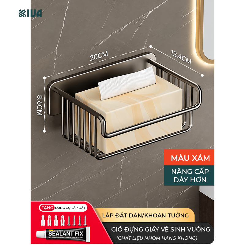 Hộp Đựng Giấy Vệ Sinh Nhà Tắm KIVA Chất Liệu Nhôm Hàng Không, Lắp Đặt Không Cần Khoan, Bảo Hành 10 Năm.