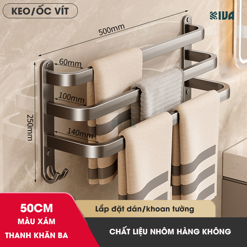 Thanh treo khăn nhà tắm màu xám KIVA chất liệu nhôm hàng không cao cấp, lắp đặt không cần khoan.