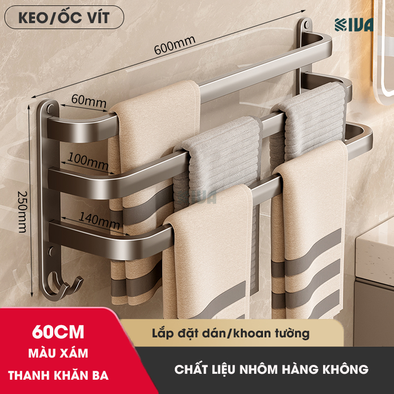 Thanh treo khăn nhà tắm màu xám KIVA chất liệu nhôm hàng không cao cấp, lắp đặt không cần khoan.