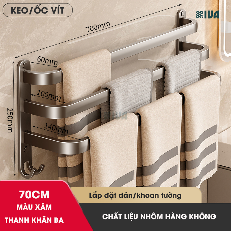 Thanh treo khăn nhà tắm màu xám KIVA chất liệu nhôm hàng không cao cấp, lắp đặt không cần khoan.