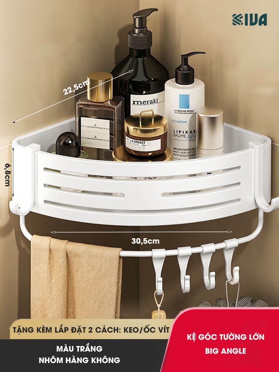 Kệ Đựng Đồ Nhà Tắm KIVA BIG ANGLE Màu Trắng Dán Góc Tường, Để Mỹ Phẩm, Dầu Gội Đầu, Lắp Đặt Bằng 2 Cách.