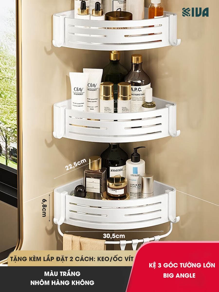 Kệ Đựng Đồ Nhà Tắm KIVA BIG ANGLE Màu Trắng Dán Góc Tường, Để Mỹ Phẩm, Dầu Gội Đầu, Lắp Đặt Bằng 2 Cách.