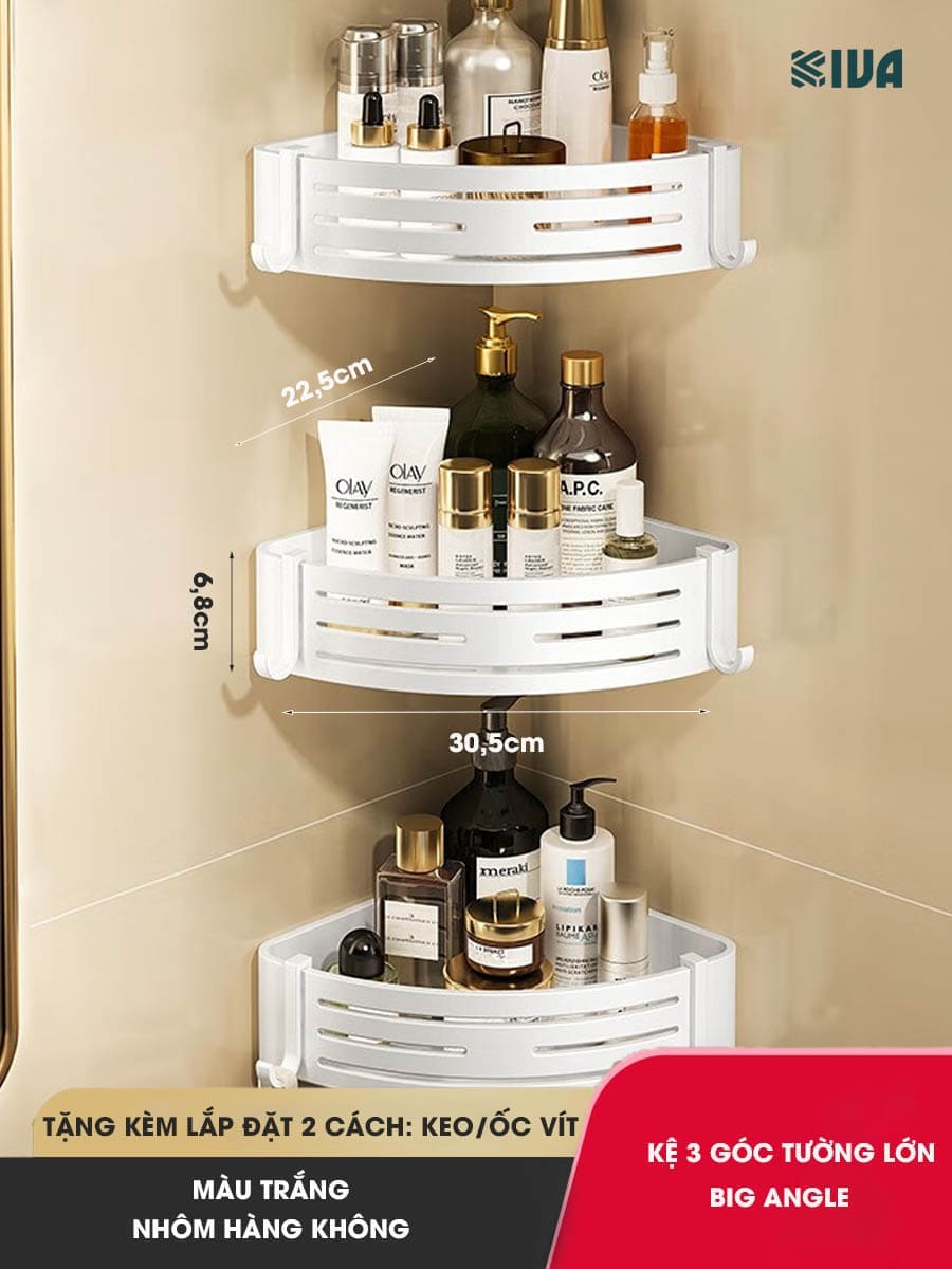 Kệ Đựng Đồ Nhà Tắm KIVA BIG ANGLE Màu Trắng Dán Góc Tường, Để Mỹ Phẩm, Dầu Gội Đầu, Lắp Đặt Bằng 2 Cách.