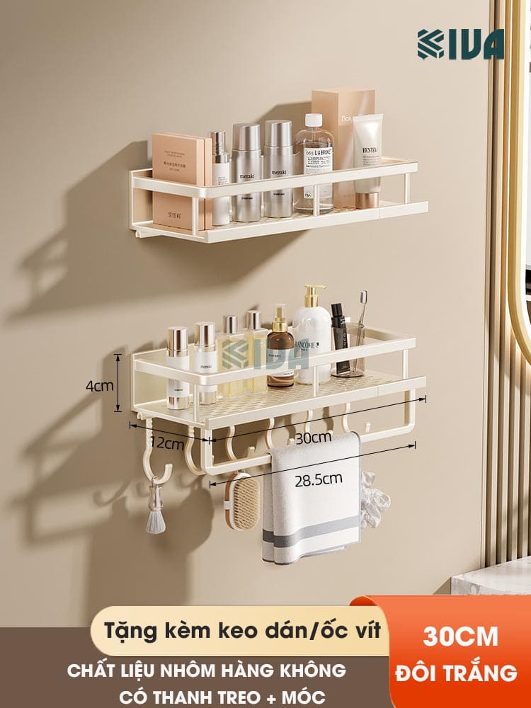 Giá kệ để đồ nhà tắm dán tường KIVA BORO màu trắng kem, lắp đặt dán tường, khoan tường, chất liệu nhôm hàng không.