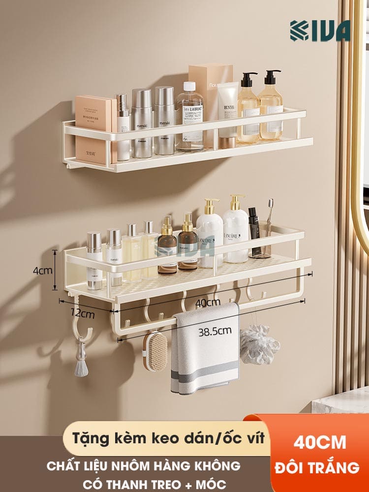 Giá kệ để đồ nhà tắm dán tường KIVA BORO màu trắng kem, lắp đặt dán tường, khoan tường, chất liệu nhôm hàng không.