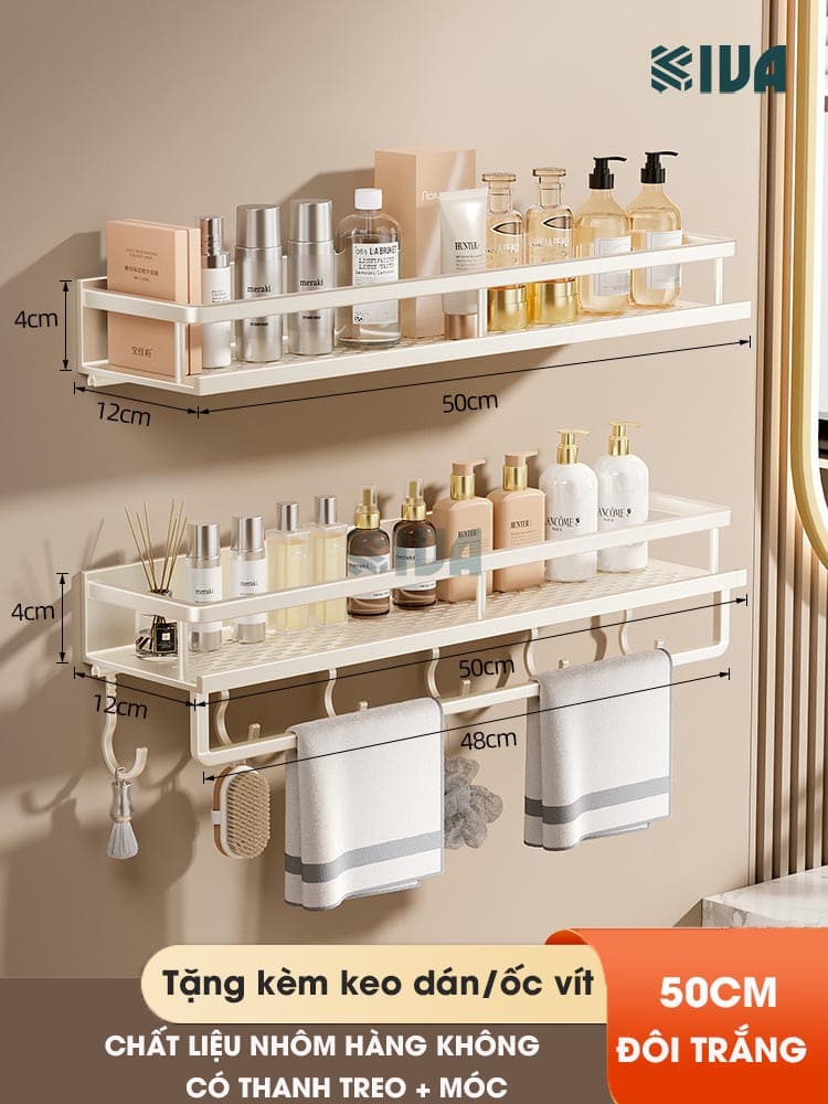 Giá kệ để đồ nhà tắm dán tường KIVA BORO màu trắng kem, lắp đặt dán tường, khoan tường, chất liệu nhôm hàng không.