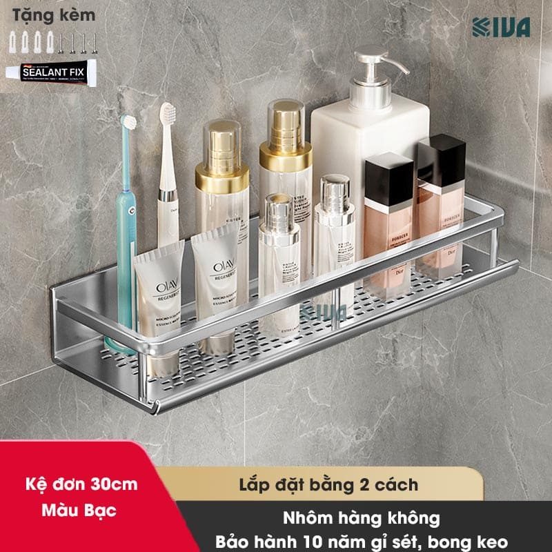 Giá kệ để đồ nhà tắm dán tường KIVA BORO màu trắng kem, lắp đặt dán tường, khoan tường, chất liệu nhôm hàng không.