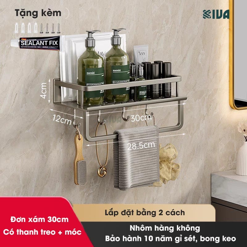 Giá kệ nhà tắm để đồ dán tường KIVA BORO, chất liệu nhôm hàng không cao cấp, bảo hành 10 năm.