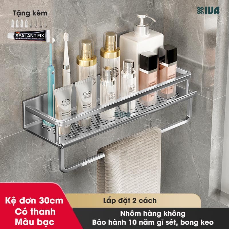 Giá kệ để đồ nhà tắm dán tường KIVA BORO màu trắng kem, lắp đặt dán tường, khoan tường, chất liệu nhôm hàng không.