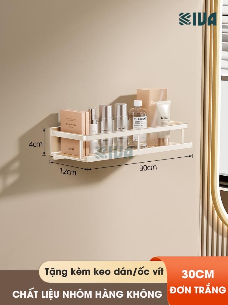 Giá kệ để đồ nhà tắm dán tường KIVA BORO màu trắng kem, lắp đặt dán tường, khoan tường, chất liệu nhôm hàng không.