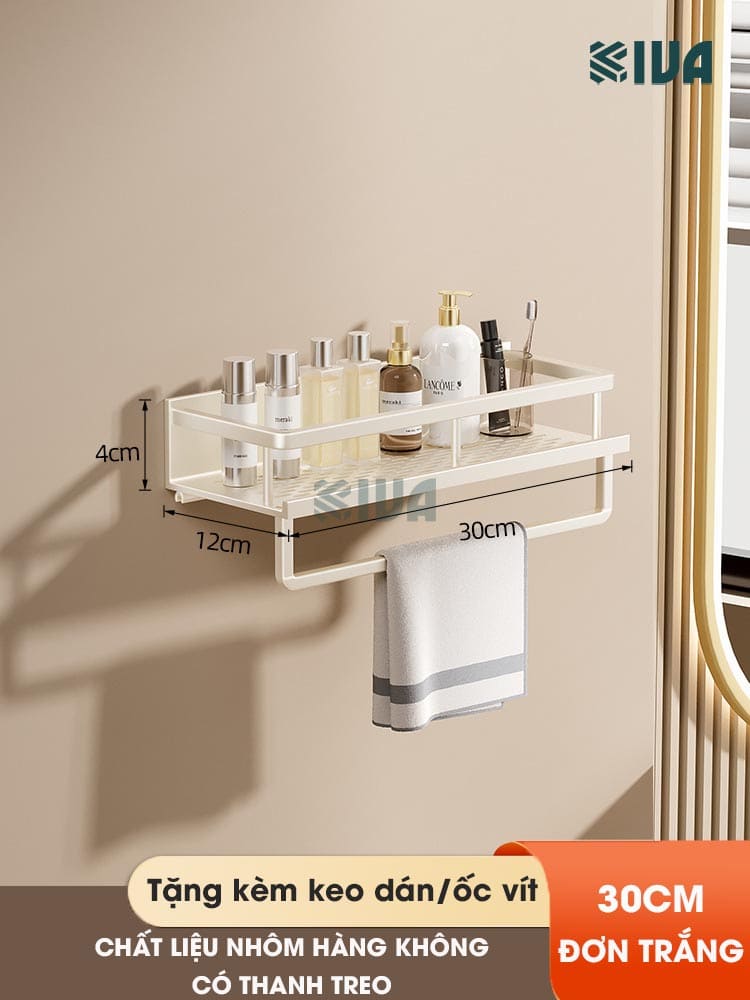Giá kệ để đồ nhà tắm dán tường KIVA BORO màu trắng kem, lắp đặt dán tường, khoan tường, chất liệu nhôm hàng không.
