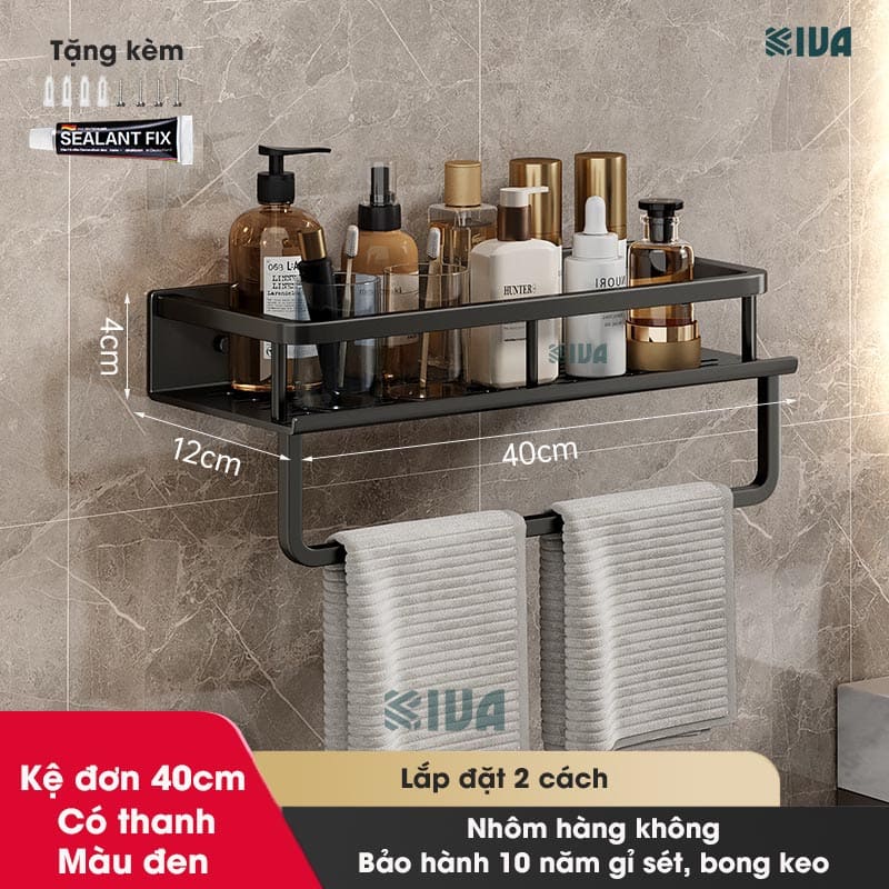 Giá kệ nhà tắm để đồ dán tường KIVA BORO, chất liệu nhôm hàng không cao cấp, bảo hành 10 năm.