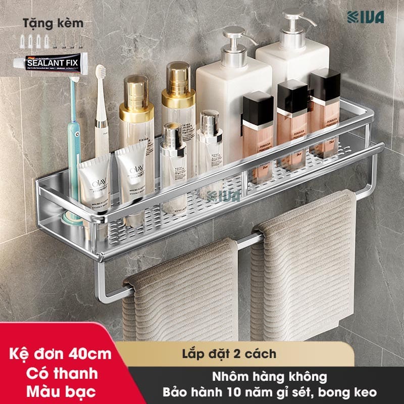 Giá kệ để đồ nhà tắm dán tường KIVA BORO màu trắng kem, lắp đặt dán tường, khoan tường, chất liệu nhôm hàng không.