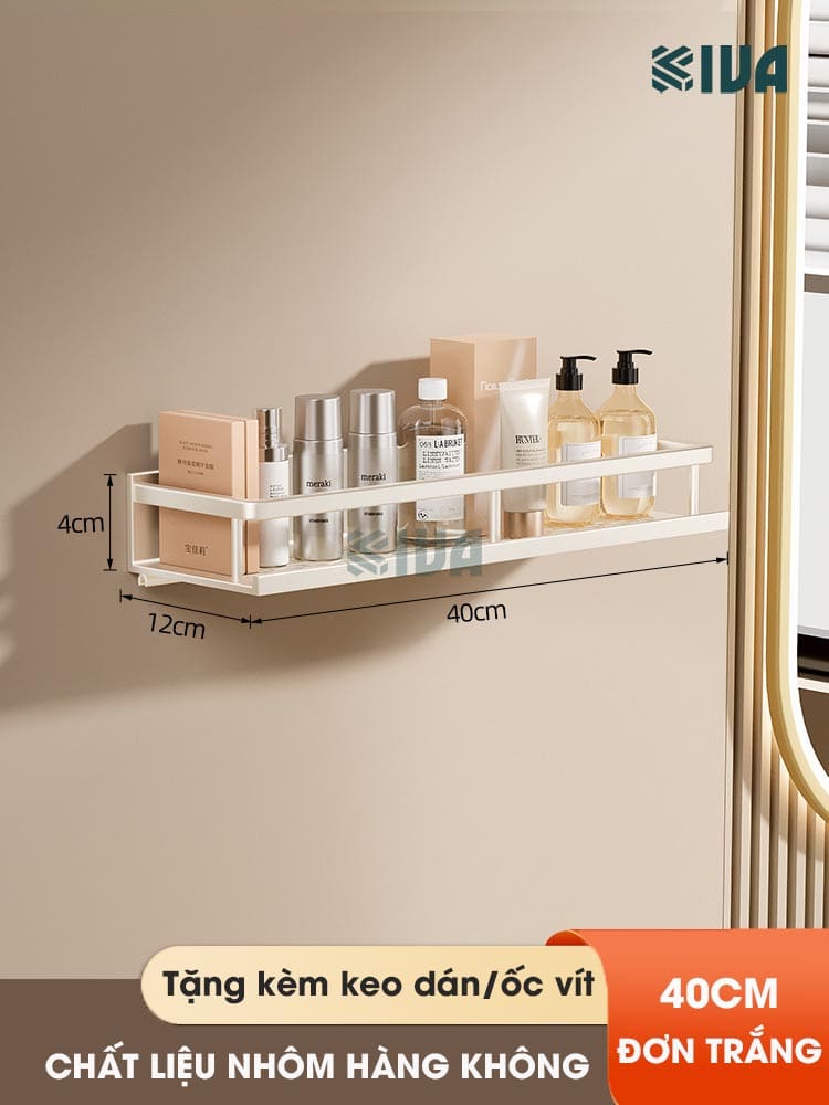 Giá kệ để đồ nhà tắm dán tường KIVA BORO màu trắng kem, lắp đặt dán tường, khoan tường, chất liệu nhôm hàng không.