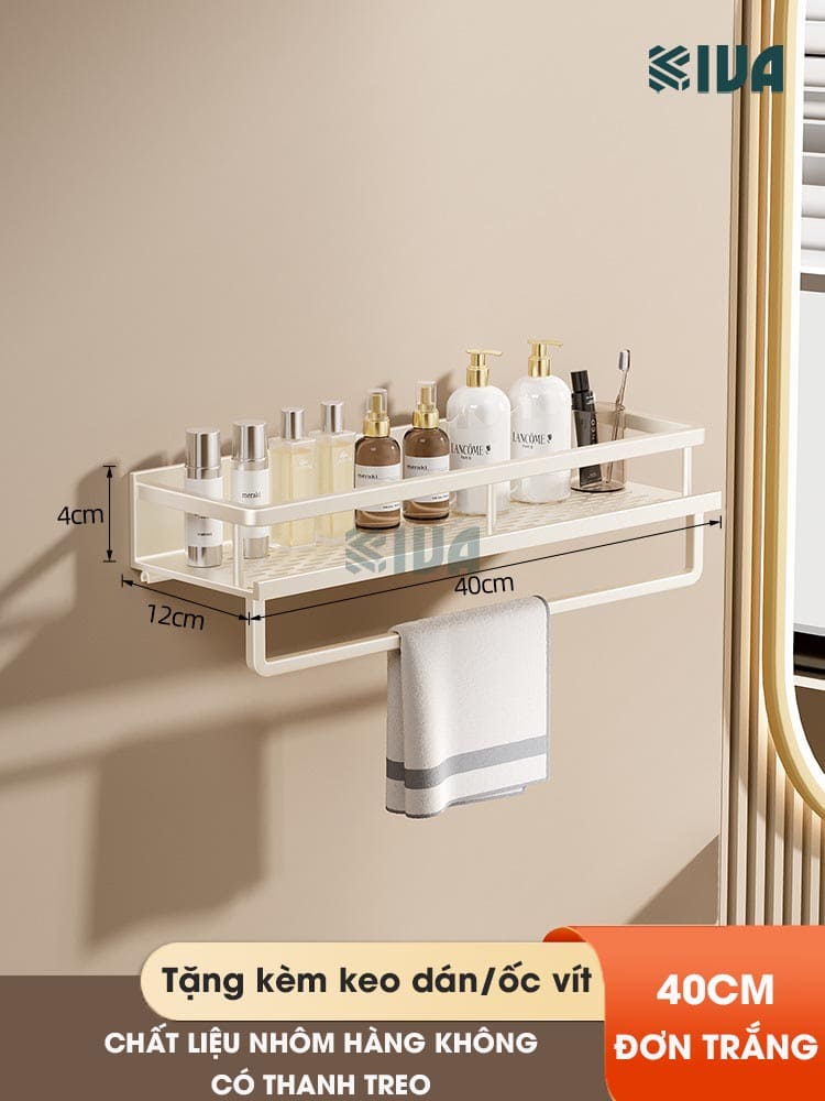 Giá kệ để đồ nhà tắm dán tường KIVA BORO màu trắng kem, lắp đặt dán tường, khoan tường, chất liệu nhôm hàng không.