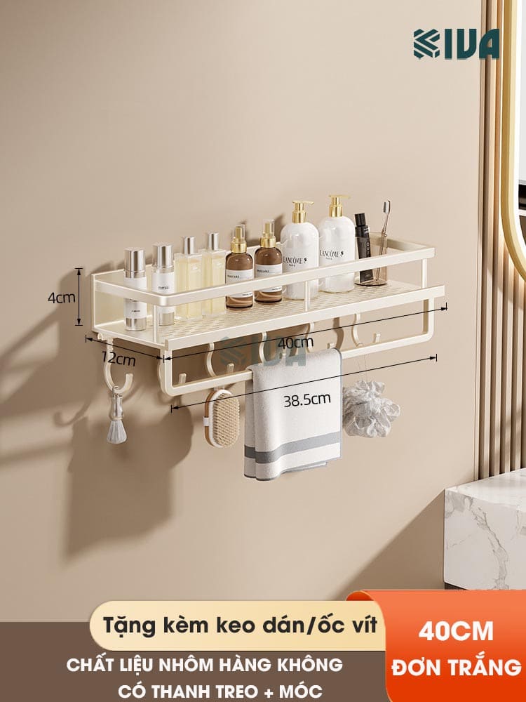 Giá kệ để đồ nhà tắm dán tường KIVA BORO màu trắng kem, lắp đặt dán tường, khoan tường, chất liệu nhôm hàng không.