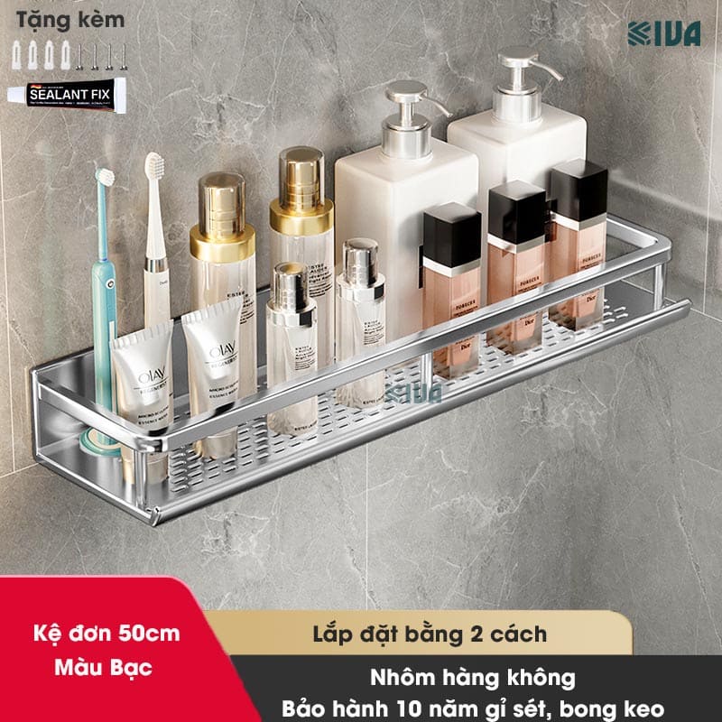 Giá kệ để đồ nhà tắm dán tường KIVA BORO màu trắng kem, lắp đặt dán tường, khoan tường, chất liệu nhôm hàng không.