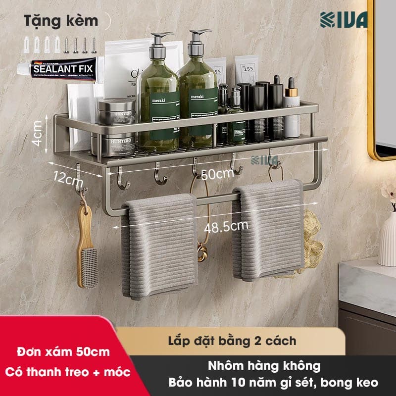Giá kệ nhà tắm để đồ dán tường KIVA BORO, chất liệu nhôm hàng không cao cấp, bảo hành 10 năm.