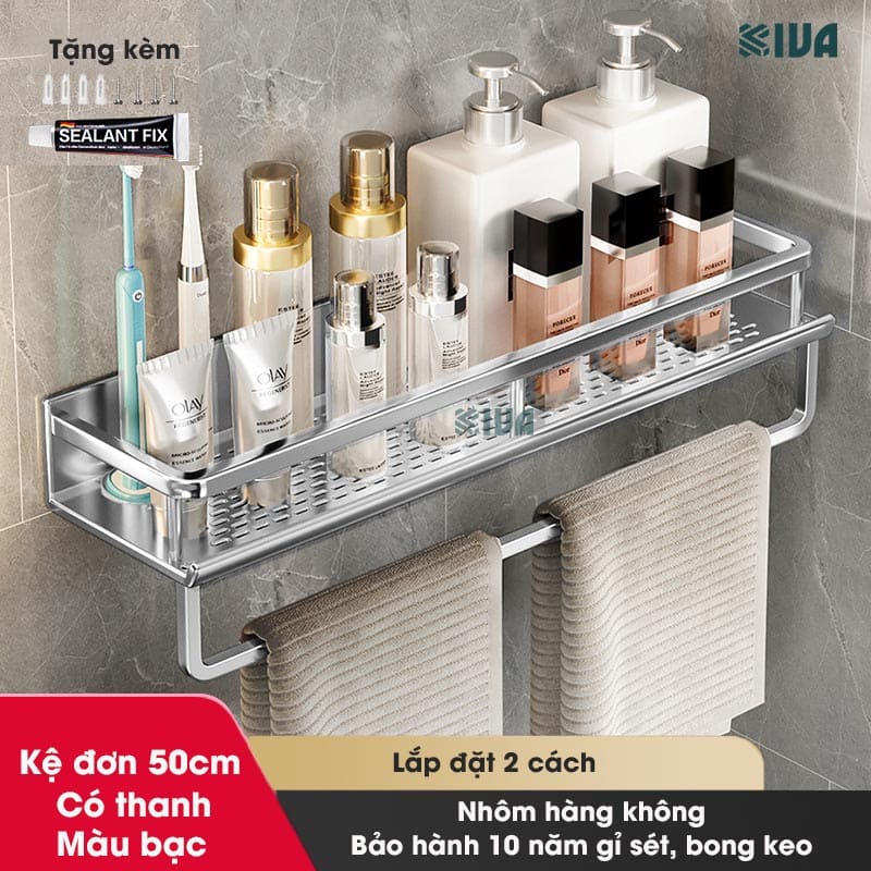 Giá kệ để đồ nhà tắm dán tường KIVA BORO màu trắng kem, lắp đặt dán tường, khoan tường, chất liệu nhôm hàng không.