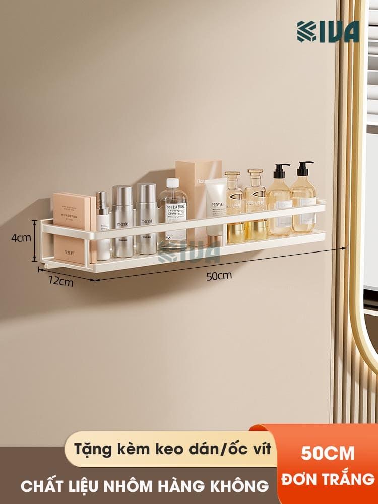 Giá kệ để đồ nhà tắm dán tường KIVA BORO màu trắng kem, lắp đặt dán tường, khoan tường, chất liệu nhôm hàng không.