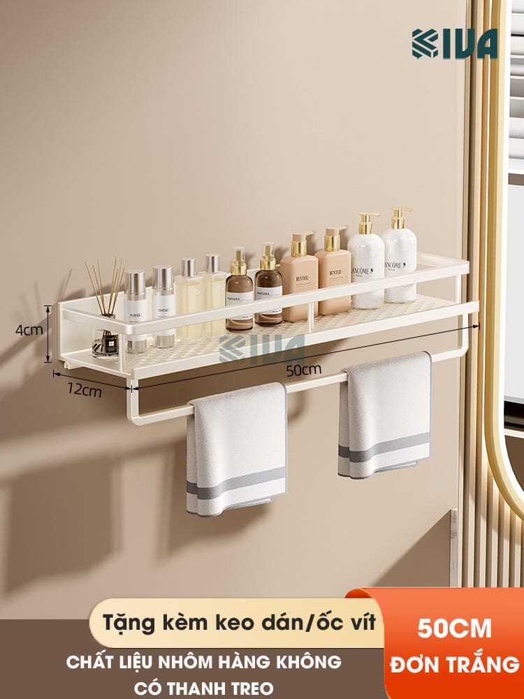 Giá kệ để đồ nhà tắm dán tường KIVA BORO màu trắng kem, lắp đặt dán tường, khoan tường, chất liệu nhôm hàng không.