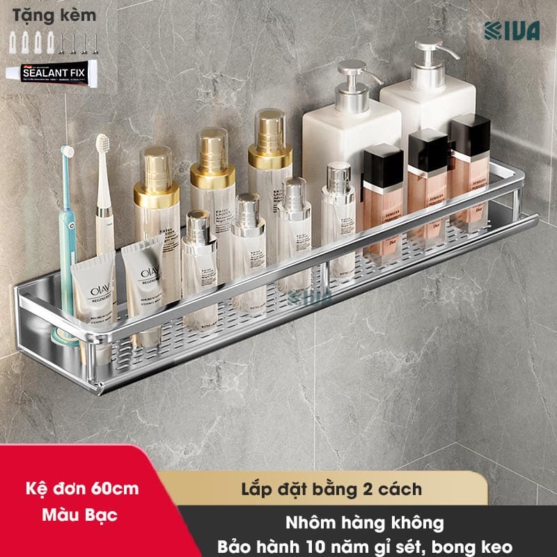 Giá kệ để đồ nhà tắm dán tường KIVA BORO màu trắng kem, lắp đặt dán tường, khoan tường, chất liệu nhôm hàng không.