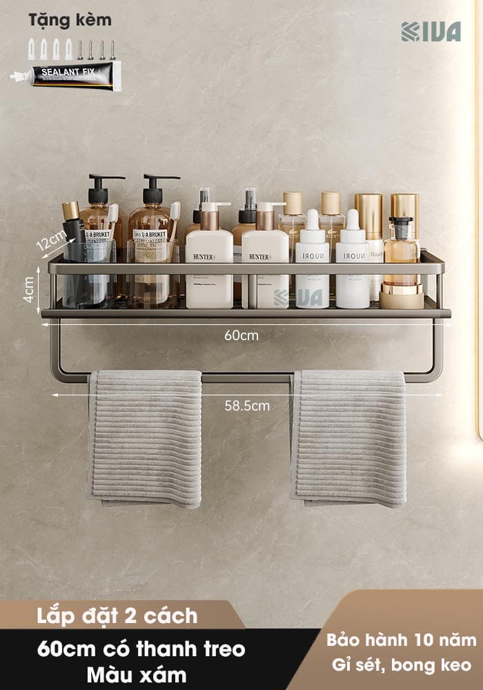Giá kệ nhà tắm để đồ dán tường KIVA BORO, chất liệu nhôm hàng không cao cấp, bảo hành 10 năm.