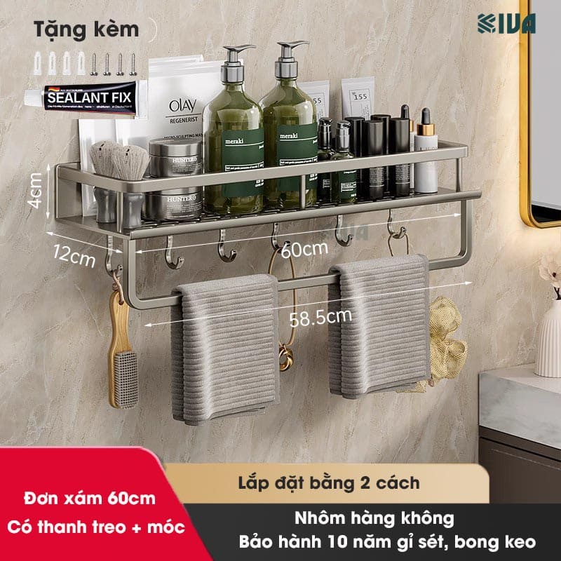 Giá kệ nhà tắm để đồ dán tường KIVA BORO, chất liệu nhôm hàng không cao cấp, bảo hành 10 năm.