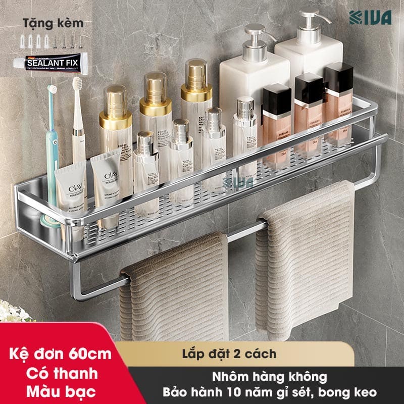 Giá kệ để đồ nhà tắm dán tường KIVA BORO màu trắng kem, lắp đặt dán tường, khoan tường, chất liệu nhôm hàng không.