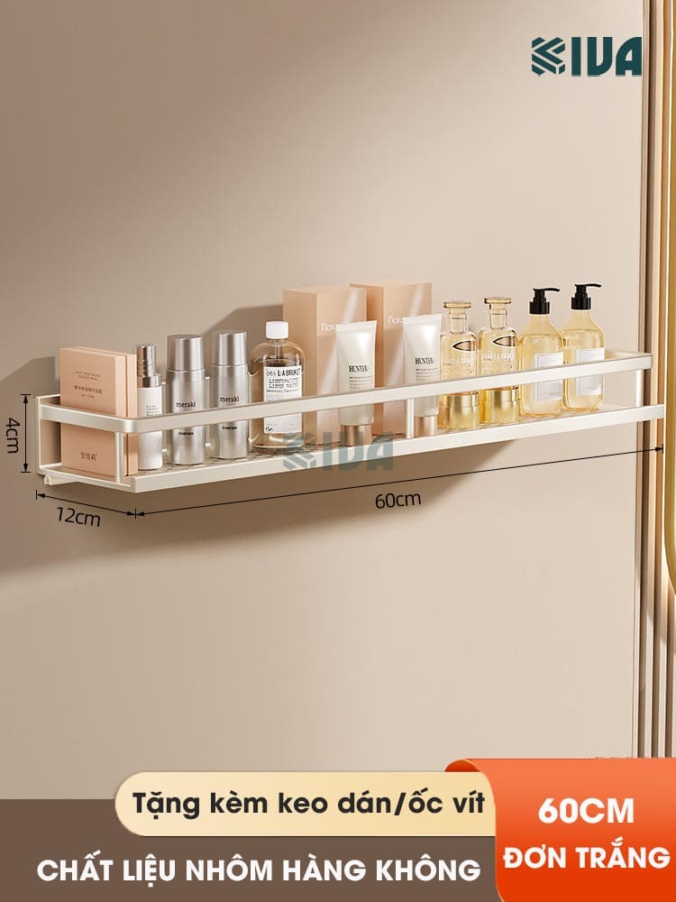 Giá kệ để đồ nhà tắm dán tường KIVA BORO màu trắng kem, lắp đặt dán tường, khoan tường, chất liệu nhôm hàng không.