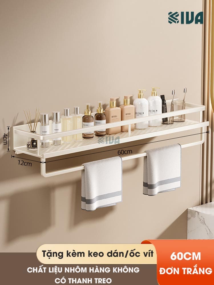 Giá kệ để đồ nhà tắm dán tường KIVA BORO màu trắng kem, lắp đặt dán tường, khoan tường, chất liệu nhôm hàng không.