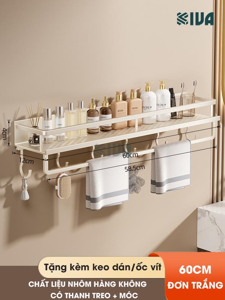 Giá kệ để đồ nhà tắm dán tường KIVA BORO màu trắng kem, lắp đặt dán tường, khoan tường, chất liệu nhôm hàng không.