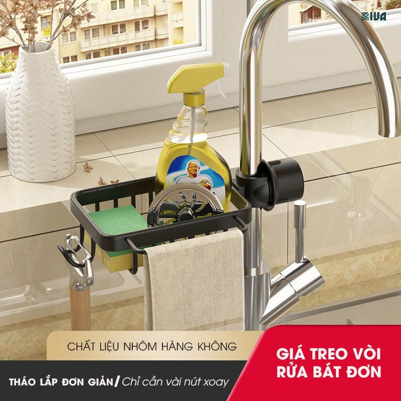 Giá kệ để đồ rửa bát KIVA chất liệu thép Carbon, trang bị thêm thanh treo khăn, để đồ đa năng.