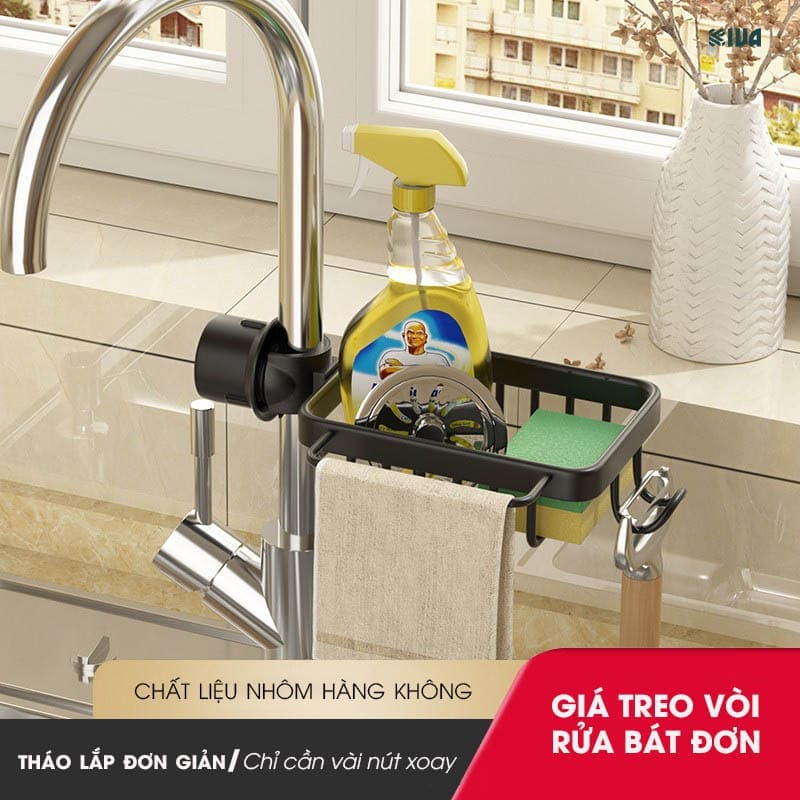Giá kệ để đồ rửa bát KIVA chất liệu thép Carbon, trang bị thêm thanh treo khăn, để đồ đa năng.