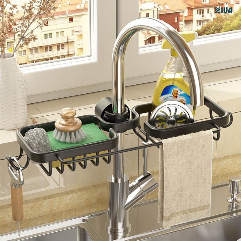 Giá kệ để đồ rửa bát KIVA chất liệu thép Carbon, trang bị thêm thanh treo khăn, để đồ đa năng.