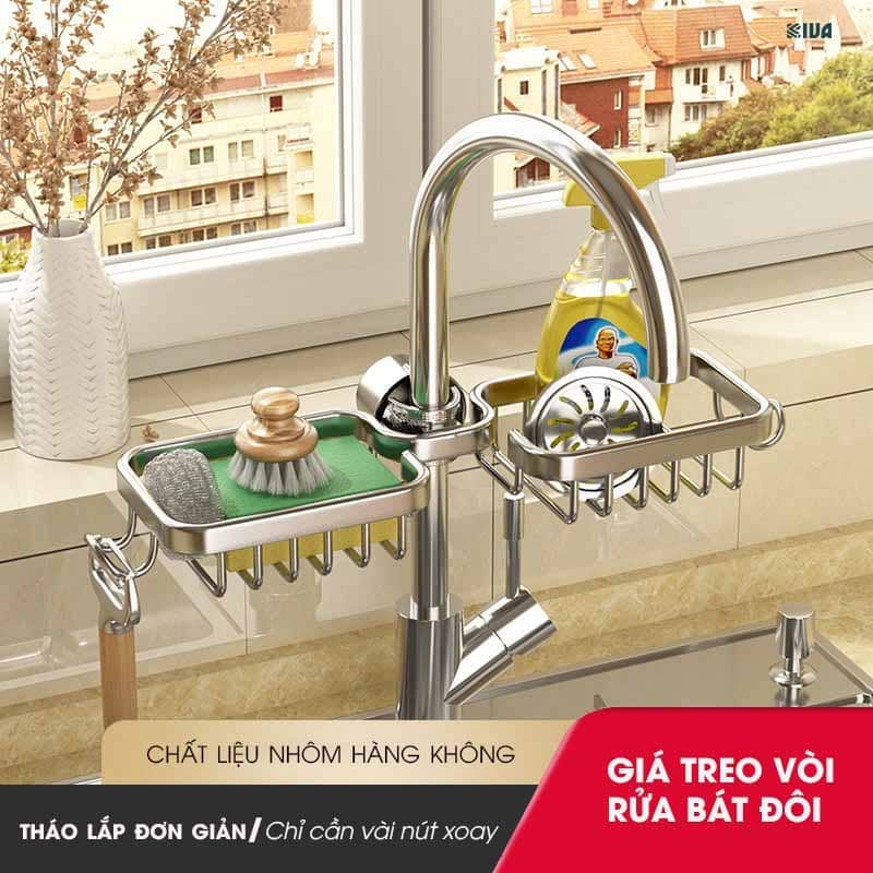 Giá kệ để đồ rửa bát KIVA chất liệu thép Carbon, trang bị thêm thanh treo khăn, để đồ đa năng.