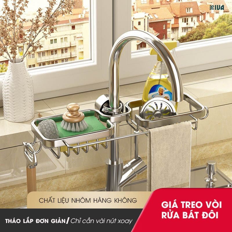 Giá kệ để đồ rửa bát KIVA chất liệu thép Carbon, trang bị thêm thanh treo khăn, để đồ đa năng.