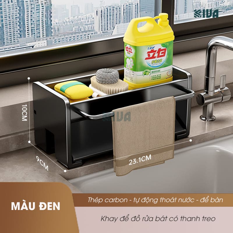 Giá kệ để đồ rửa bát KIVA chất liệu thép Carbon, trang bị thêm thanh treo khăn, để đồ đa năng.