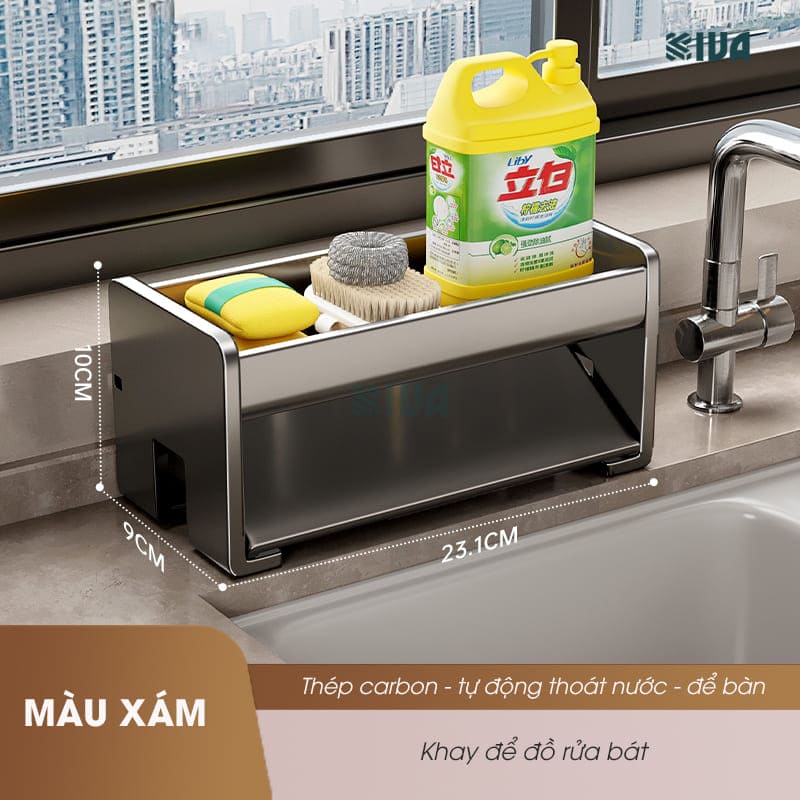 Giá kệ để đồ rửa bát KIVA chất liệu thép Carbon, trang bị thêm thanh treo khăn, để đồ đa năng.