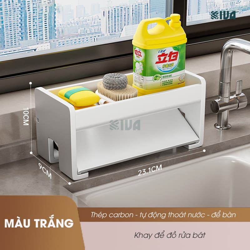 Giá kệ để đồ rửa bát KIVA chất liệu thép Carbon, trang bị thêm thanh treo khăn, để đồ đa năng.