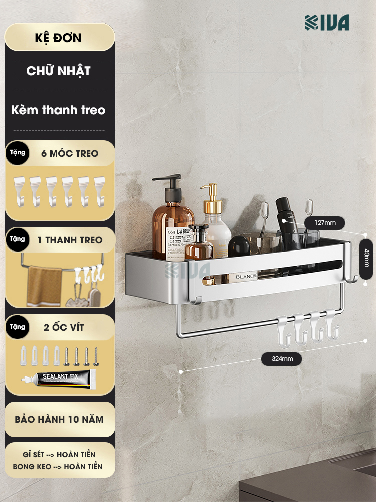 Kệ góc nhôm hàng không KIVA màu bạc, kệ để đồ nhà tắm lắp đặt dán tường, khoan tường