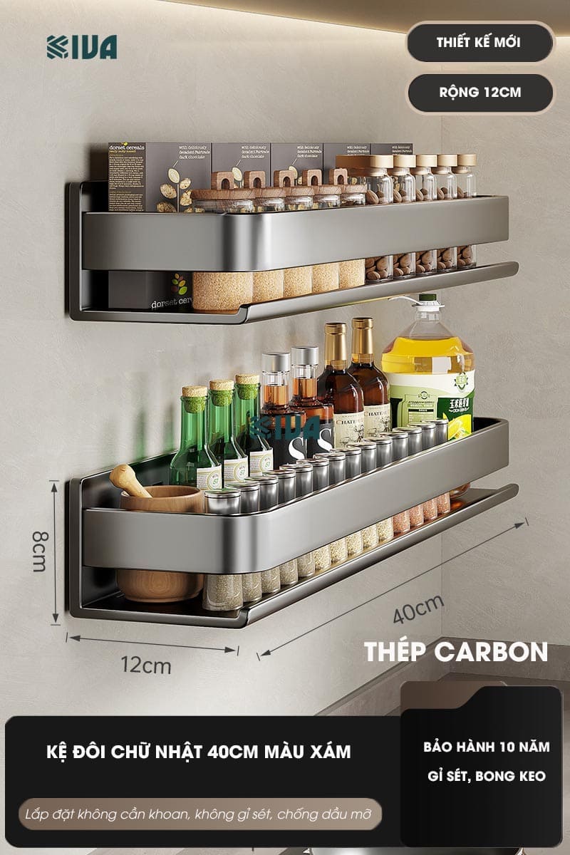 Kệ gia vị nhà bếp đa năng KIVA màu xám, chất liệu thép Carbon, lắp đặt dán tường, khoan tường