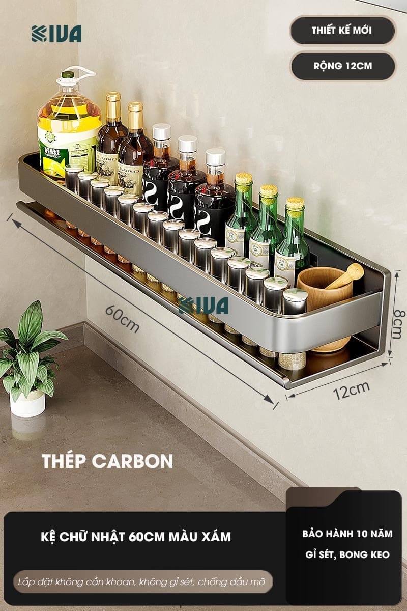 Kệ gia vị nhà bếp đa năng KIVA màu xám, chất liệu thép Carbon, lắp đặt dán tường, khoan tường