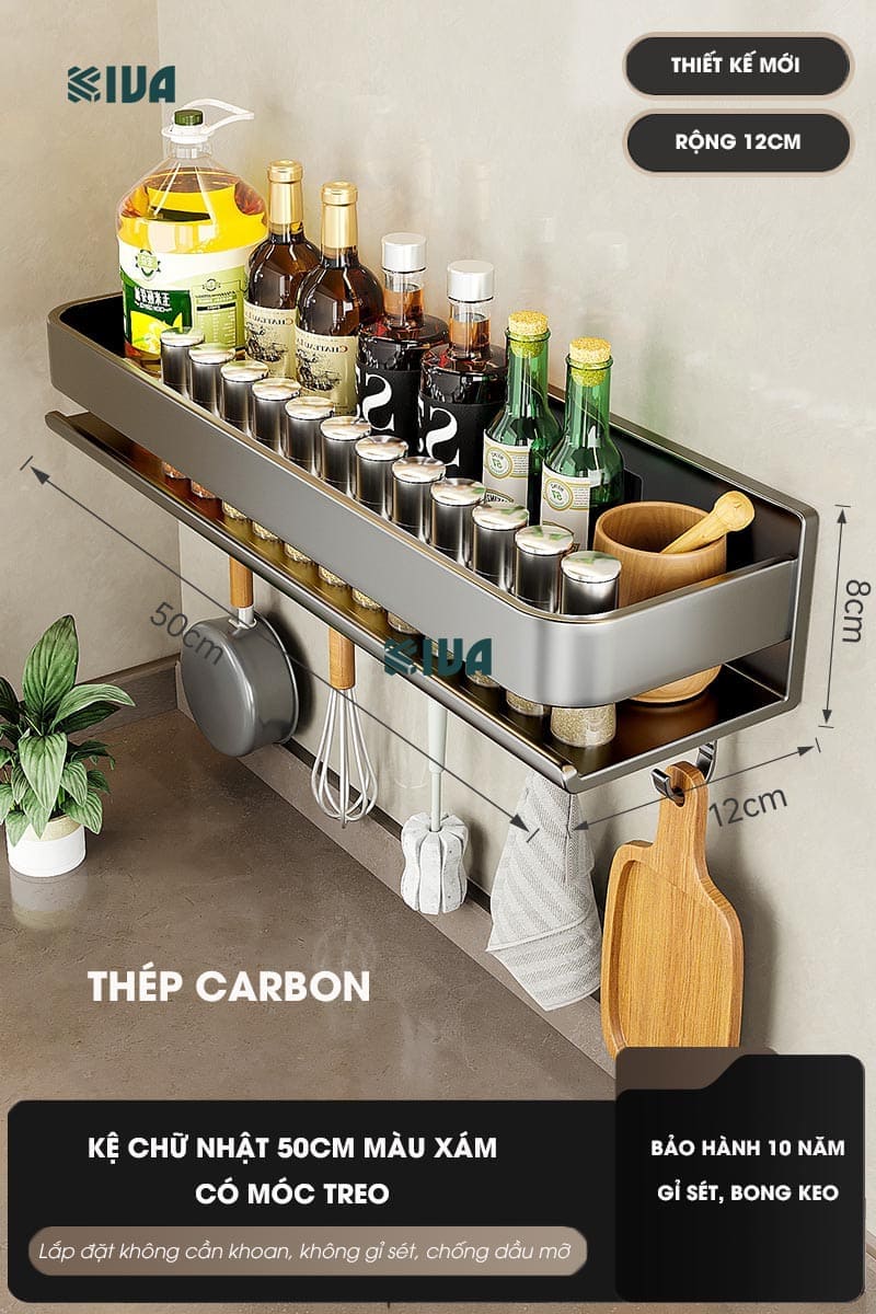 Kệ gia vị nhà bếp đa năng KIVA màu xám, chất liệu thép Carbon, lắp đặt dán tường, khoan tường