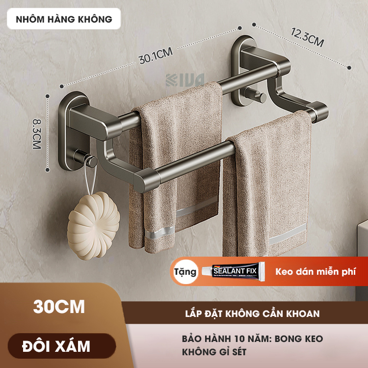 Thanh treo khăn, kệ để khăn KIVA, chất liệu nhôm hàng không cao cấp, lắp đặt dán tường.