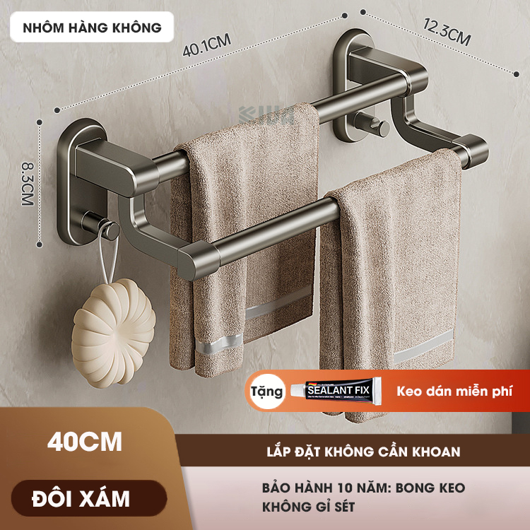 Thanh treo khăn, kệ để khăn KIVA, chất liệu nhôm hàng không cao cấp, lắp đặt dán tường.