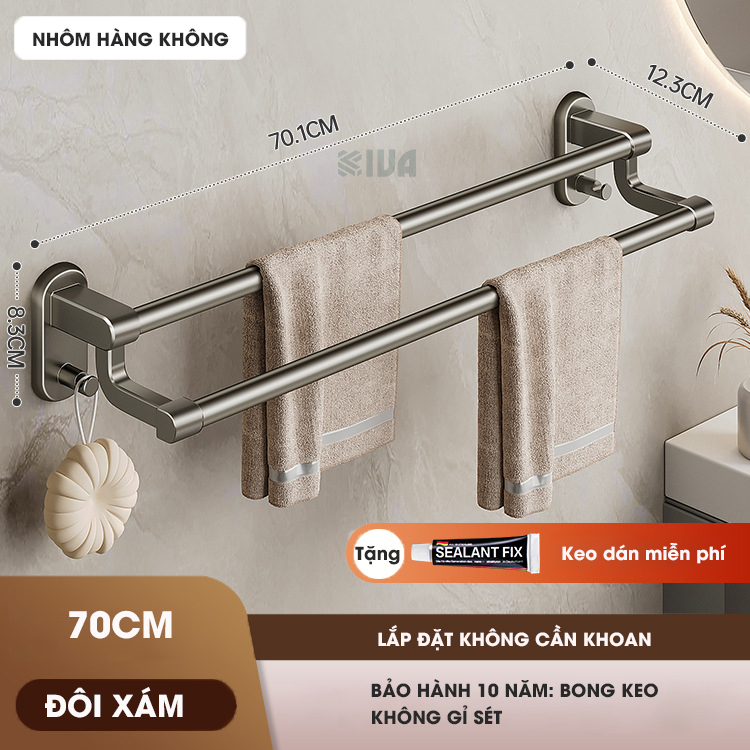 Thanh treo khăn, kệ để khăn KIVA, chất liệu nhôm hàng không cao cấp, lắp đặt dán tường.