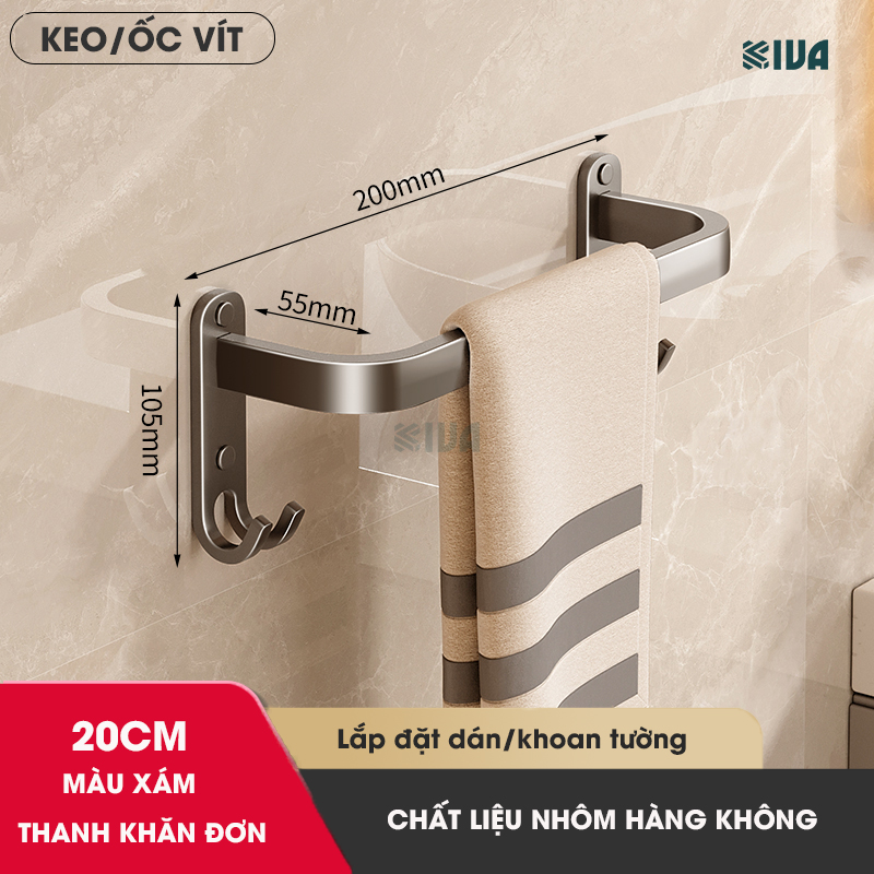 Thanh treo khăn nhà tắm màu xám KIVA chất liệu nhôm hàng không cao cấp, lắp đặt không cần khoan.