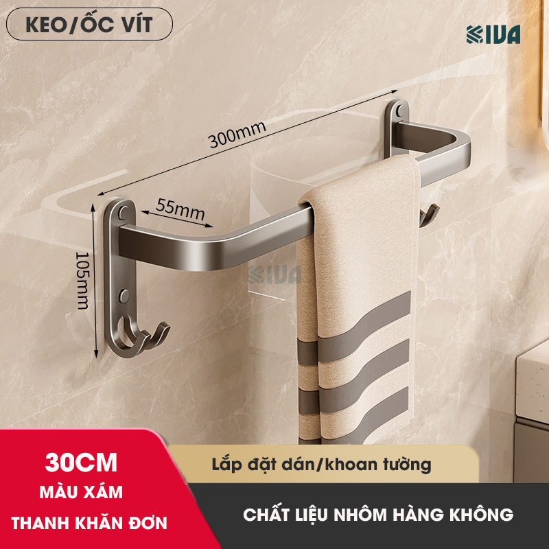 Thanh treo khăn nhà tắm màu xám KIVA chất liệu nhôm hàng không cao cấp, lắp đặt không cần khoan.
