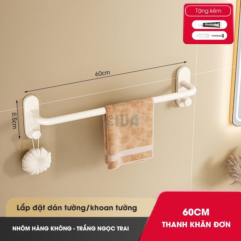 Thanh treo khăn nhà tắm KIVA màu trắng ngà, chất liệu nhôm hàng không, lắp đặt dán tường, khoan tường.